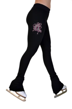 ChloeNoel P622F All Black 3" Waist Band Light Weight Fleece Figure Skating Pants W/ Mini Fuchsia Ribbon Crystals Combination