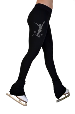 ChloeNoel P622F All Black 3" Waist Band Light Weight Fleece Figure Skating Pants W/ Mini Jump Skater Crystals Combination