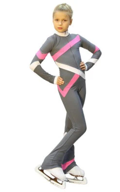 IceDress - Figure Skating Training Overalls - Quad (Light Grey, Pink And White)