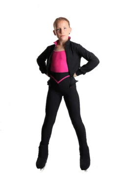 Icedress - Thermal Figure Skating Outfit "Trio" - Cropped Jacket/ Top/ High-Waisted Legging (Black And Fuchsia)